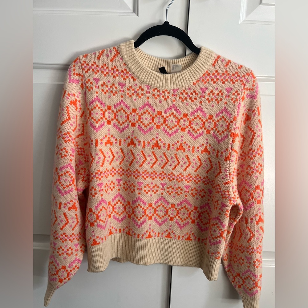 Women’s Divided Crewneck Sweater Cream with Pink & Orange Pattern Size Small
